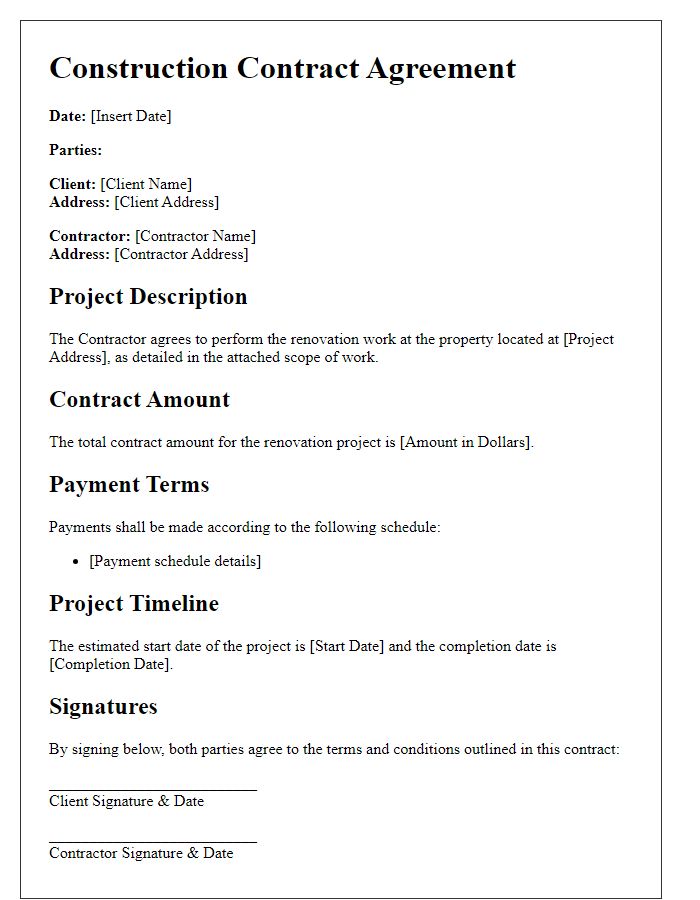 Letter template of construction contract agreement for renovation projects