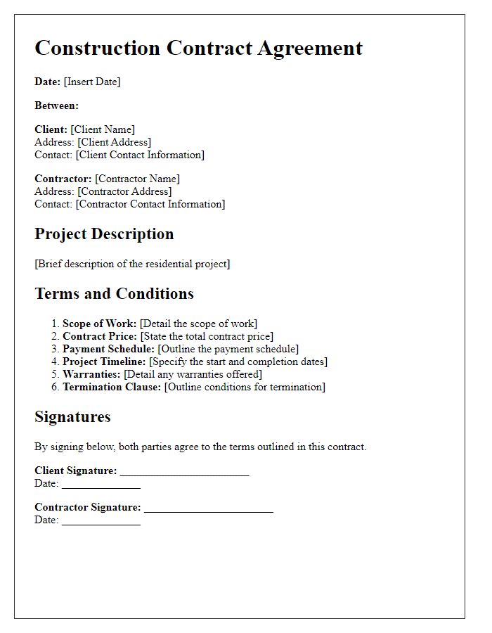 Letter template of construction contract agreement for residential projects