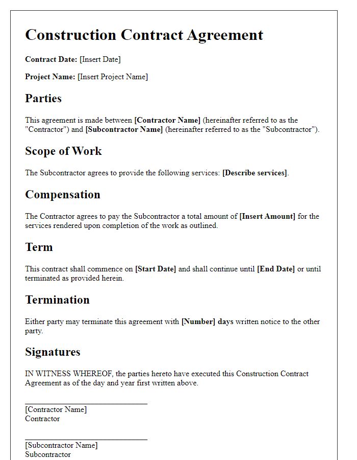 Letter template of construction contract agreement for subcontractor engagement