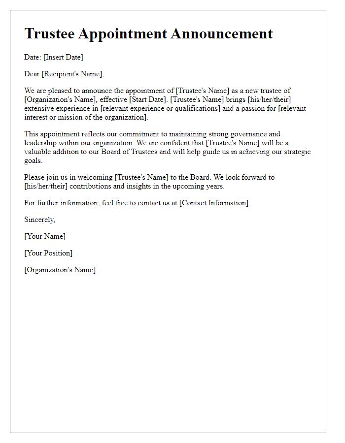 Letter template of trustee appointment announcement