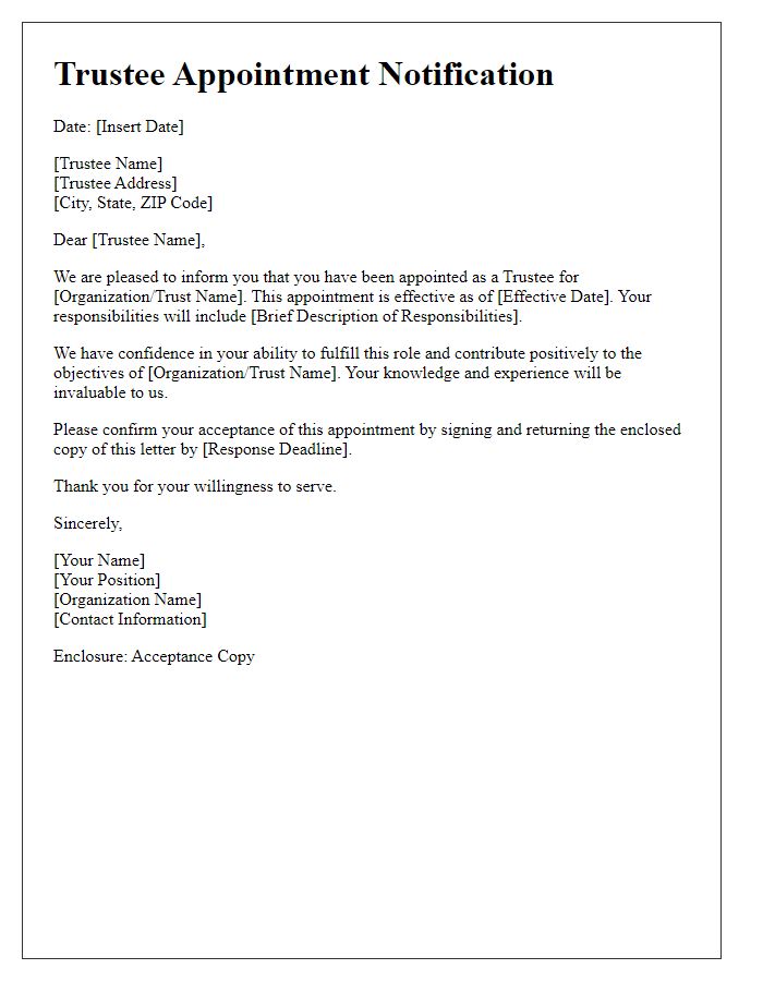 Letter template of trustee appointment communication