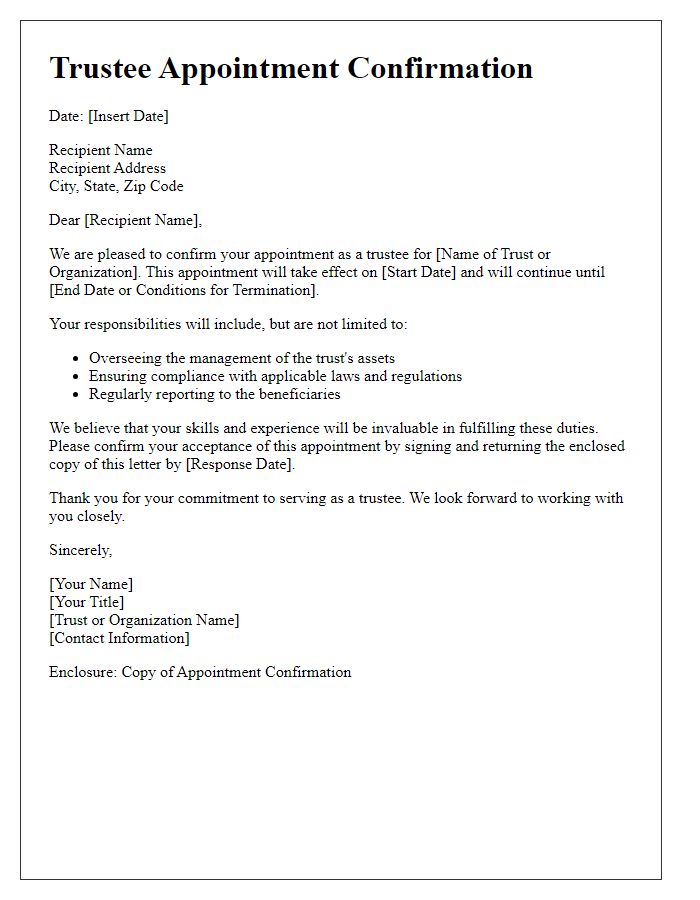 Letter template of trustee appointment confirmation