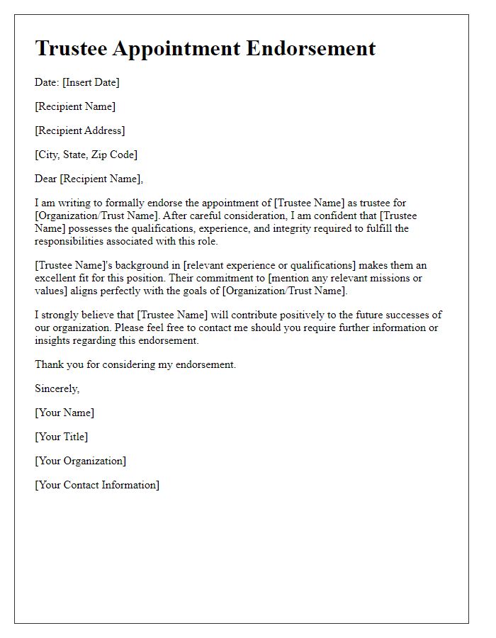 Letter template of trustee appointment endorsement