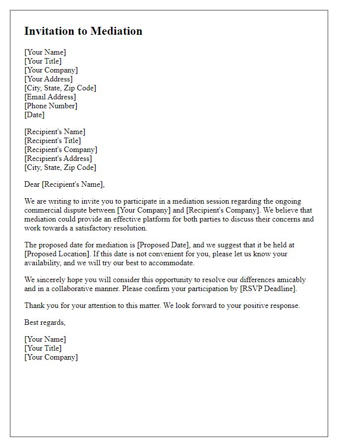 Letter template of mediation invitation for commercial dispute resolution.