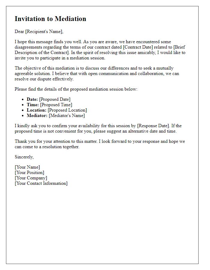 Letter template of mediation invitation for contract disagreement settlement.