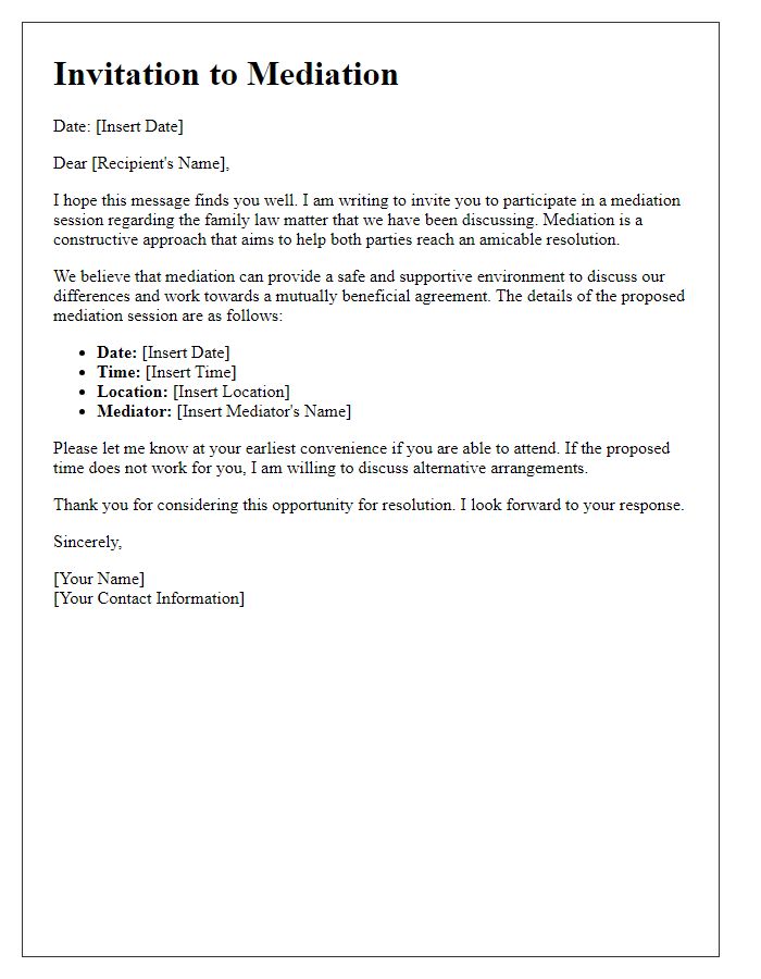 Letter template of mediation invitation for family law conflict resolution.