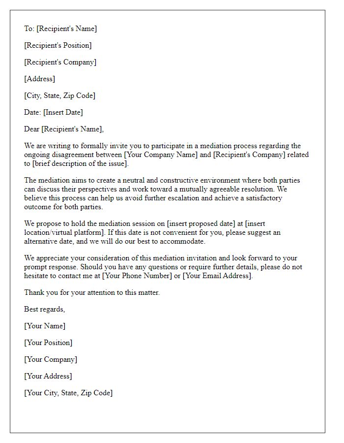 Letter template of mediation invitation for international business disagreement.