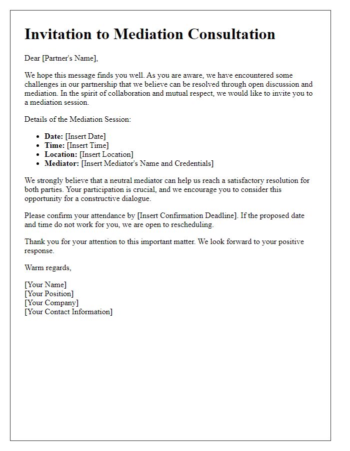 Letter template of mediation invitation for partnership dispute consultation.