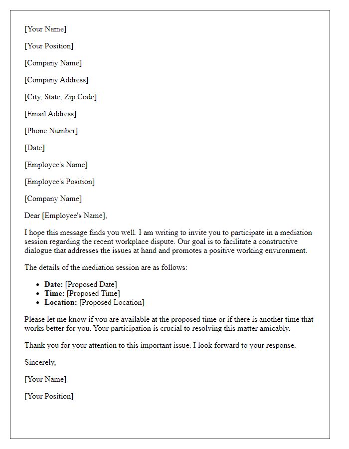 Letter template of mediation invitation for workplace dispute facilitation.