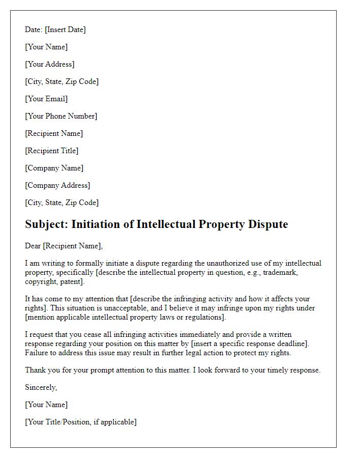 Letter template of intellectual property dispute initiation