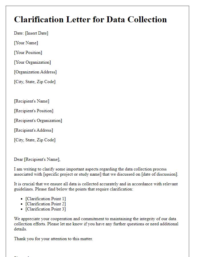 Letter template of clarification for data collection purposes