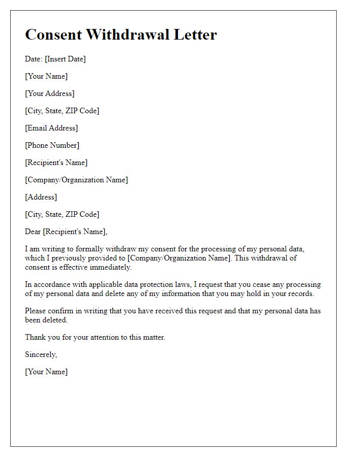 Letter template of consent withdrawal for data processing