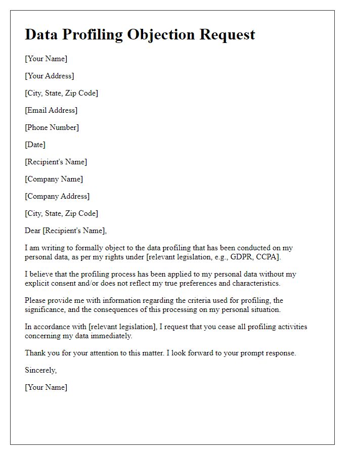 Letter template of data profiling objection request