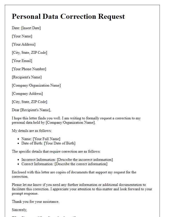Letter template of personal data correction request