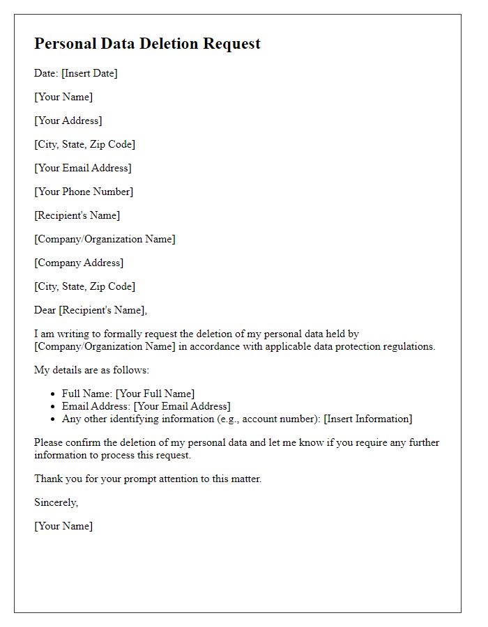 Letter template of personal data deletion request