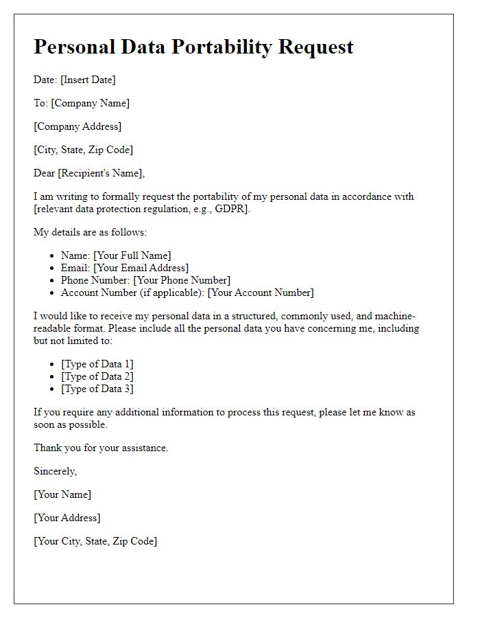 Letter template of personal data portability request