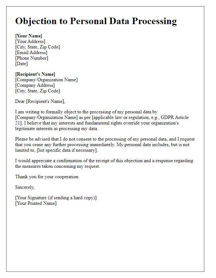 Letter template of personal data processing objection