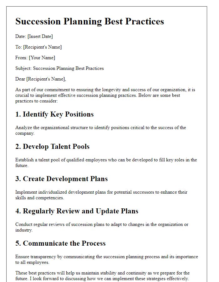 Letter template of succession planning best practices