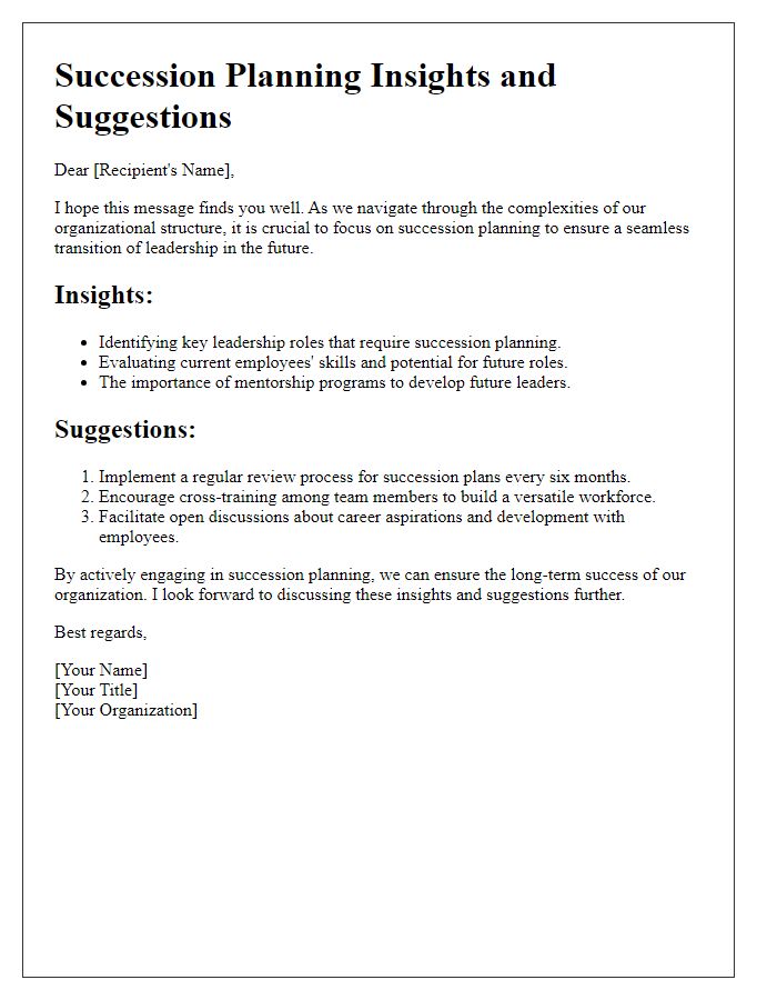 Letter template of succession planning insights and suggestions