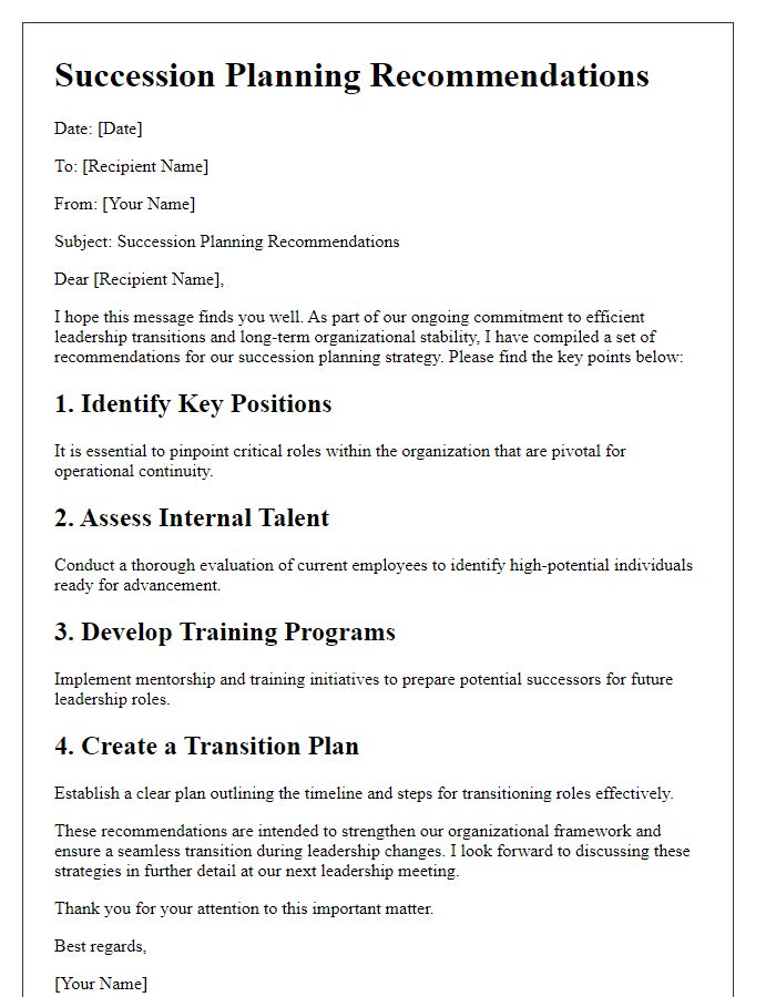 Letter template of succession planning recommendations