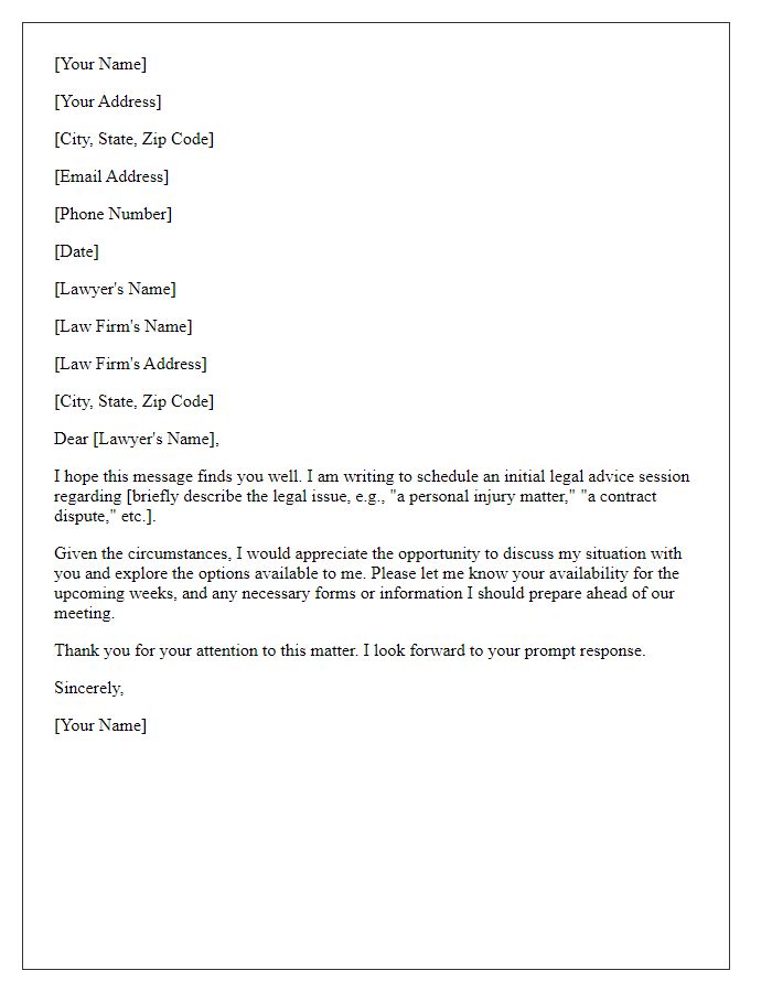 Letter template of correspondence for initial legal advice session