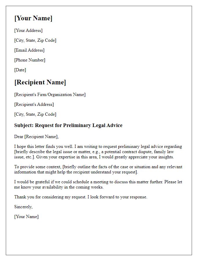 Letter template of request for preliminary legal advice