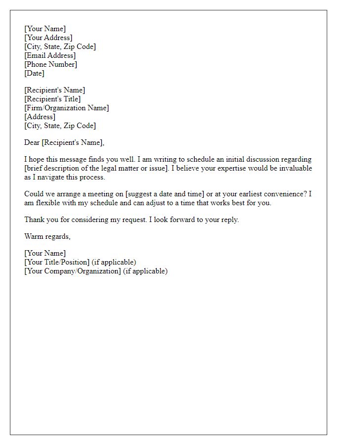 Letter template of scheduling an initial legal discussion