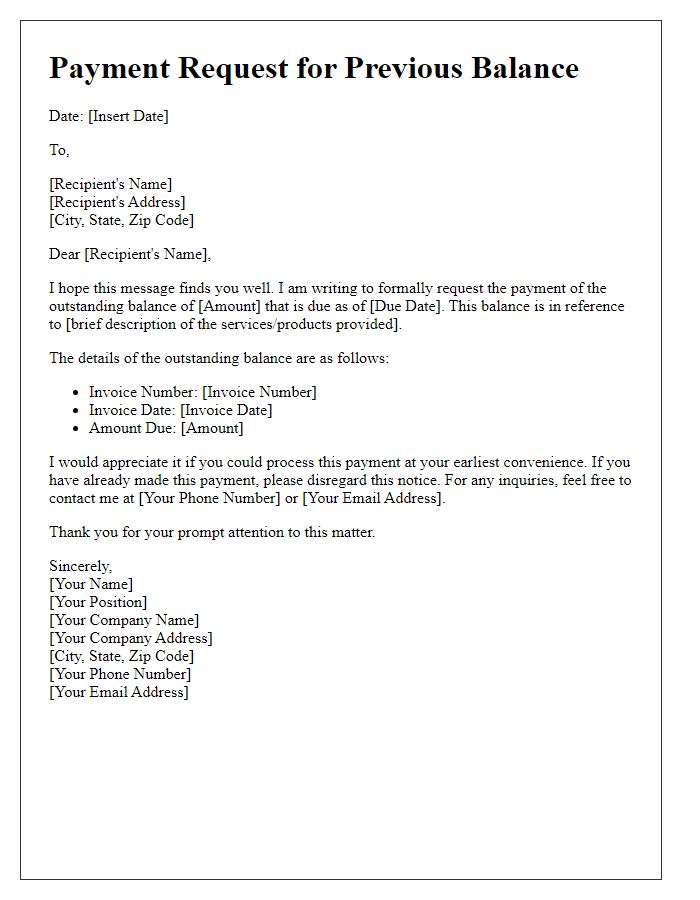 Letter template of Payment Request for Previous Balance