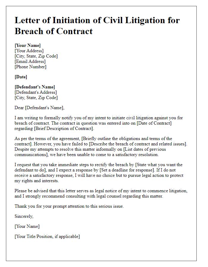 Letter template of civil litigation initiation for breach of contract.