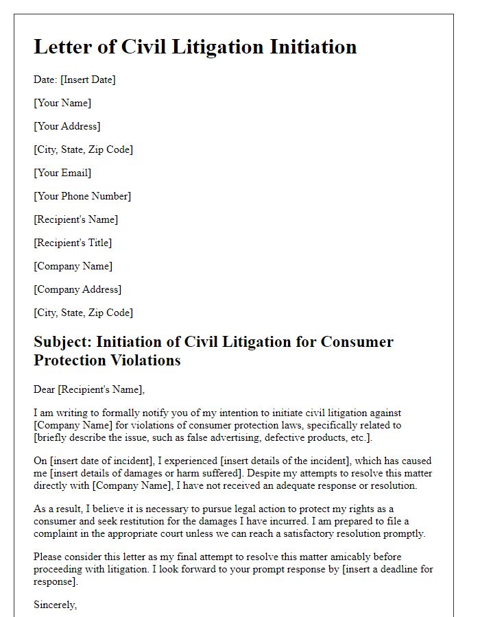 Letter template of civil litigation initiation for consumer protection violations.