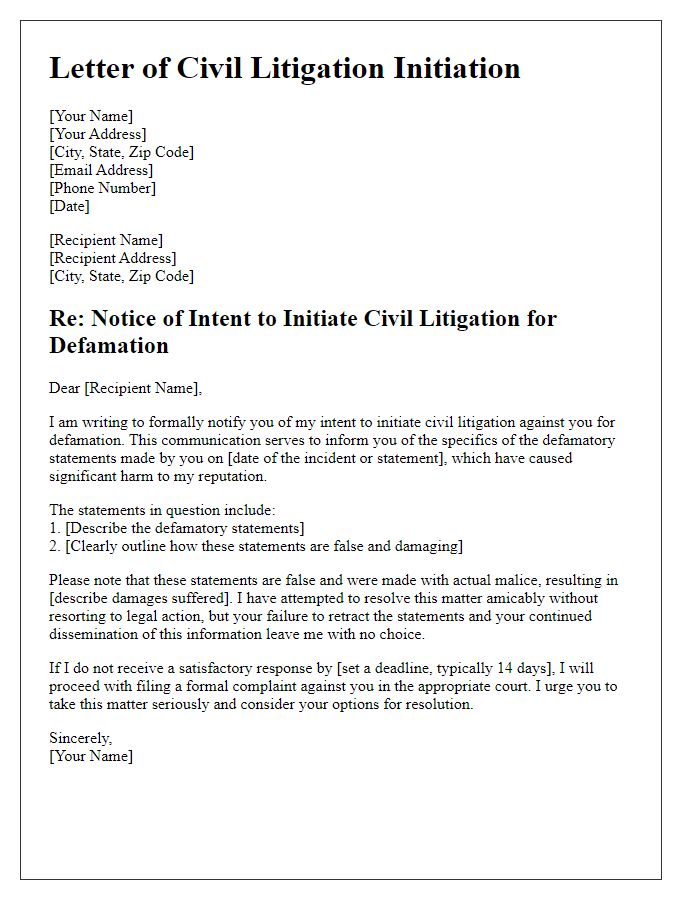 Letter template of civil litigation initiation for defamation cases.