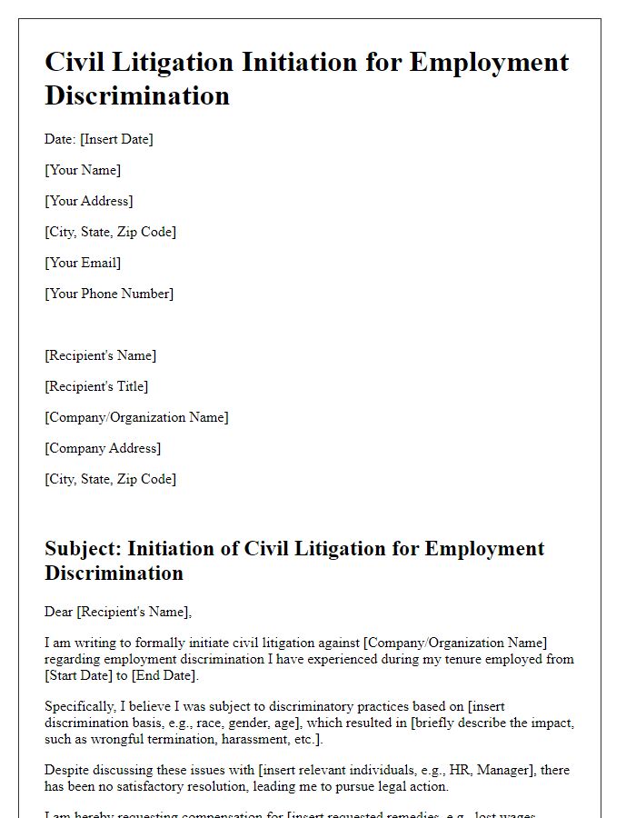 Letter template of civil litigation initiation for employment discrimination.