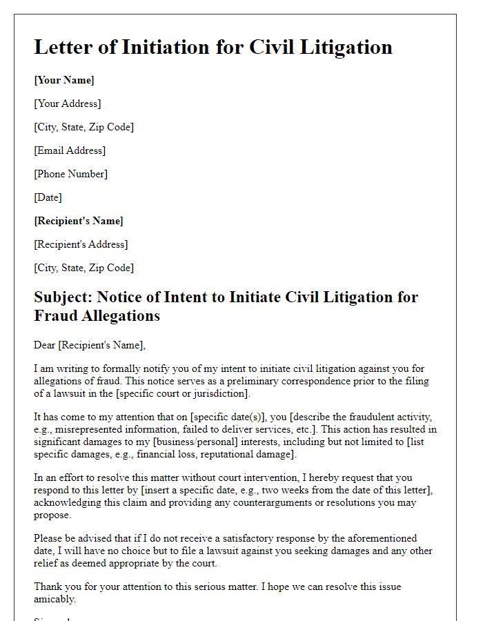 Letter template of civil litigation initiation for fraud allegations.