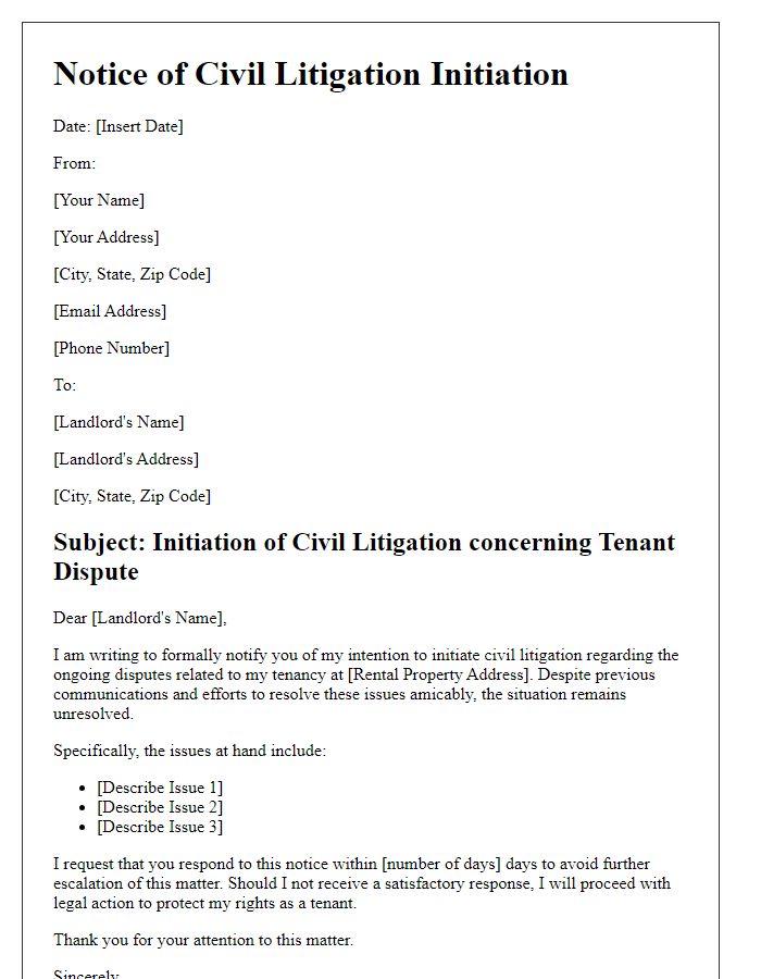 Letter template of civil litigation initiation for landlord-tenant disputes.