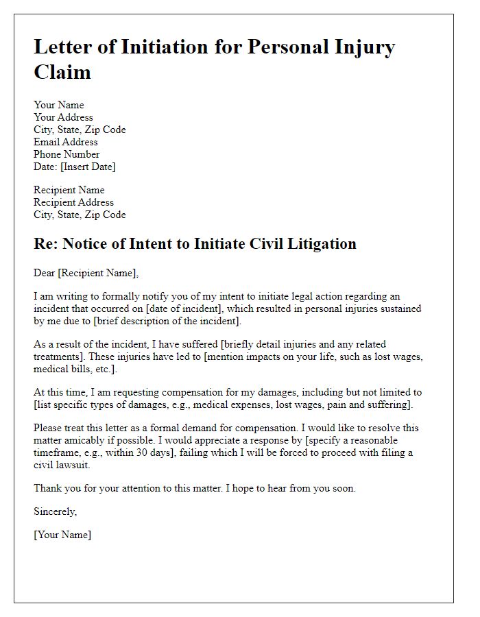 Letter template of civil litigation initiation for personal injury claims.