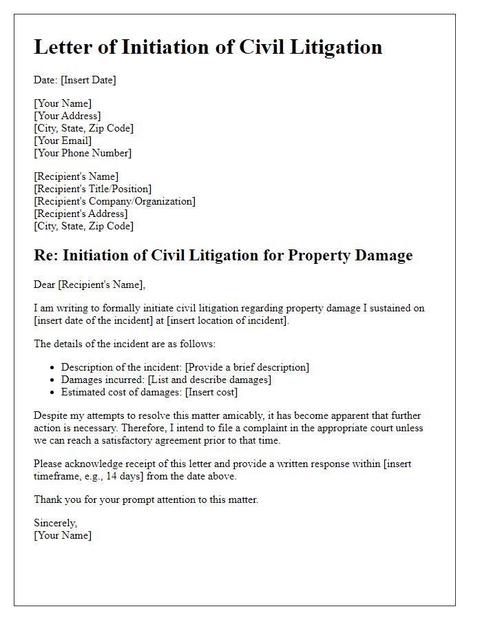 Letter template of civil litigation initiation for property damage.