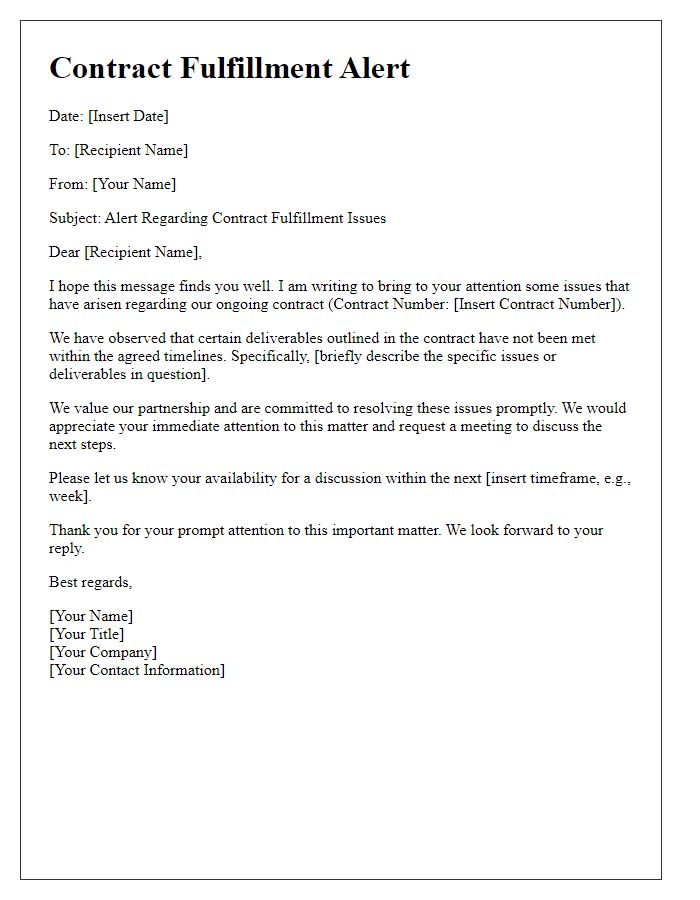 Letter template of alert regarding contract fulfillment issues