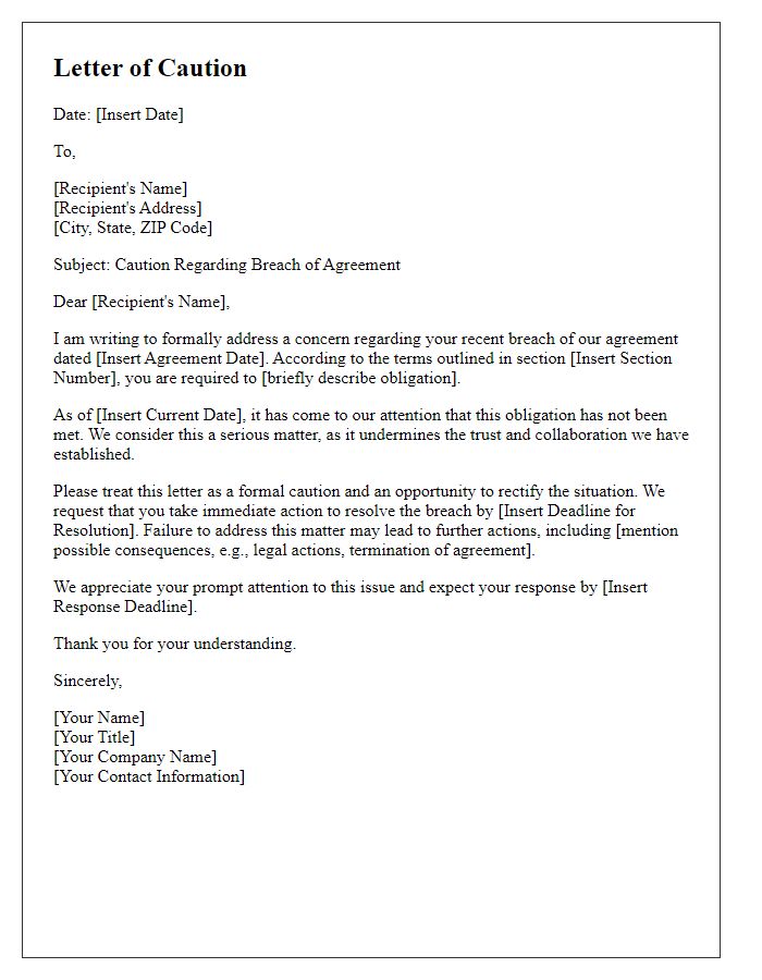 Letter template of caution for agreement breach