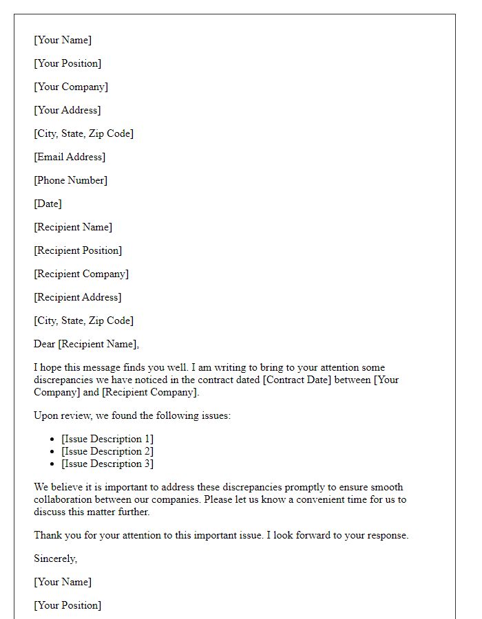 Letter template of communication regarding contract discrepancies