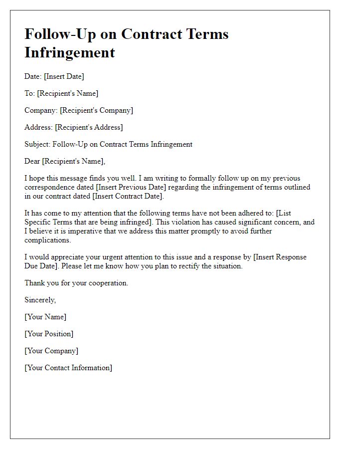 Letter template of follow-up on contract terms infringement