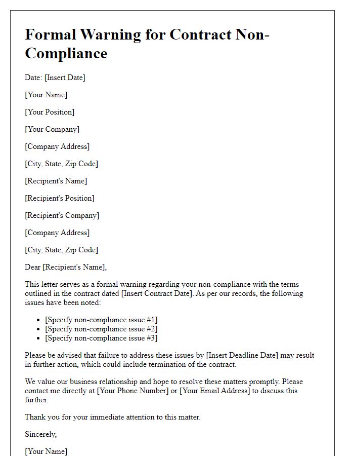 Letter template of formal warning for contract non-compliance