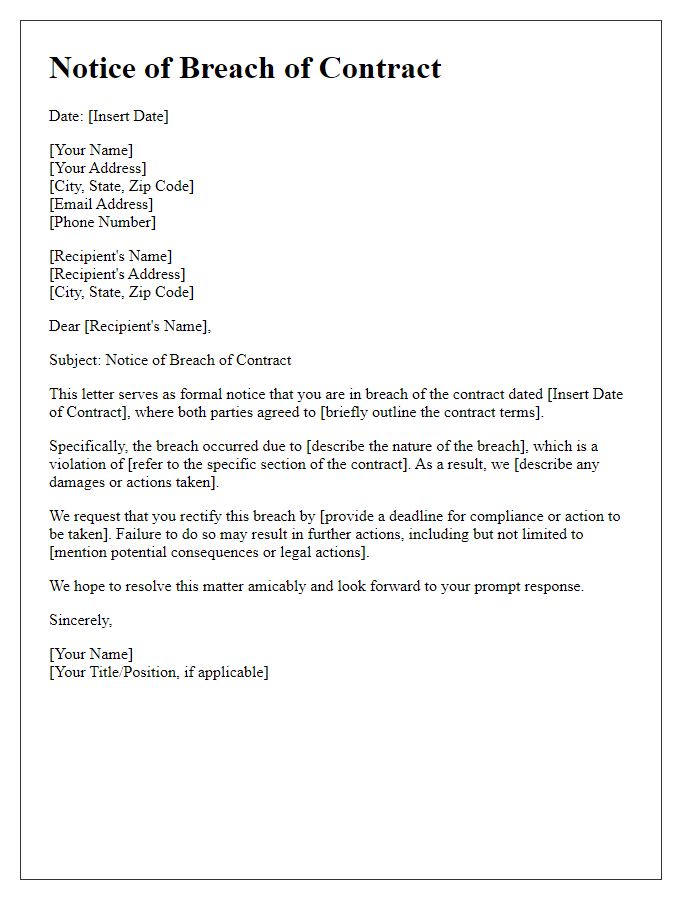 Letter template of notice for breach of contract