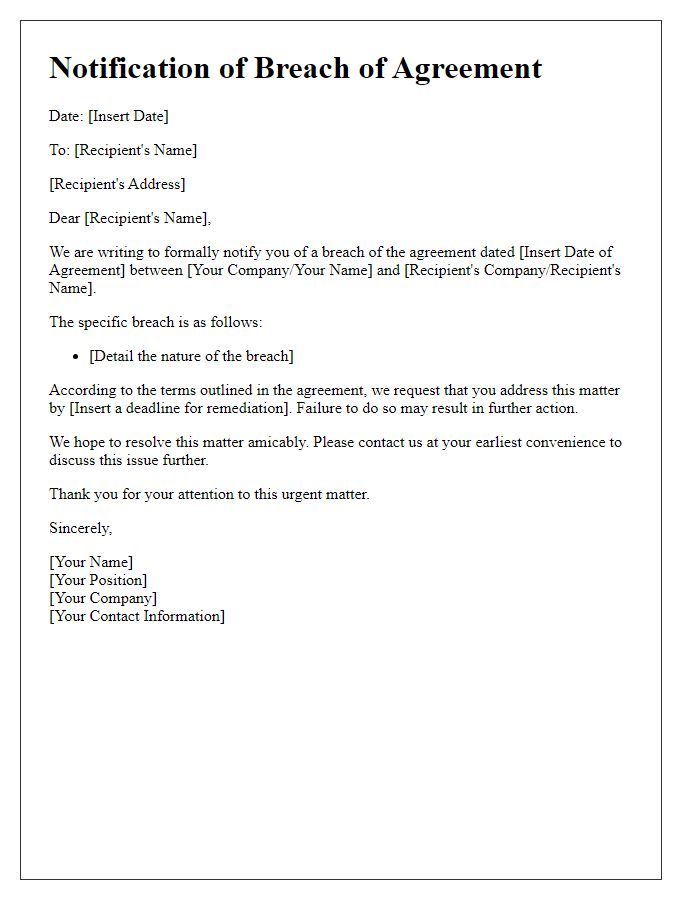 Letter template of notification about breach of agreement