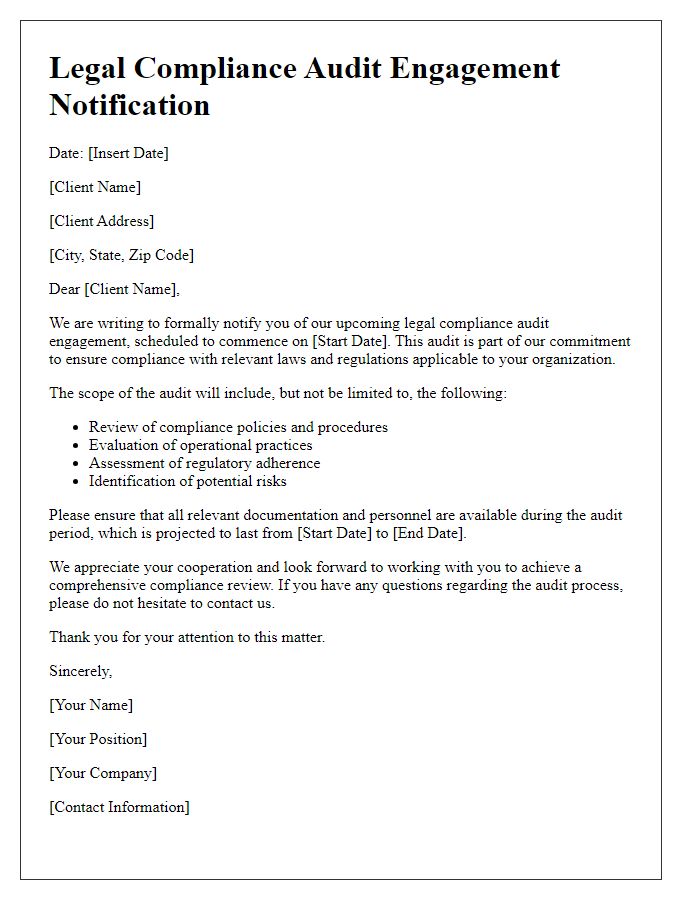 Letter template of legal compliance audit engagement notification