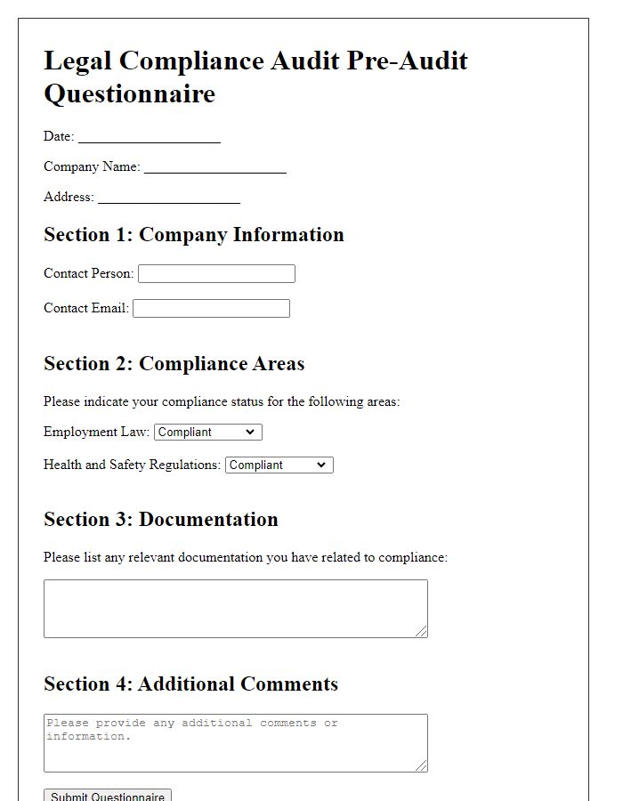 Letter template of legal compliance audit pre-audit questionnaire