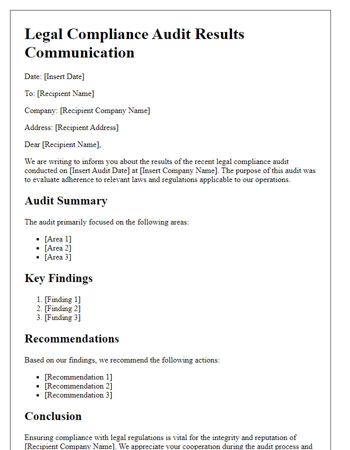 Letter template of legal compliance audit results communication