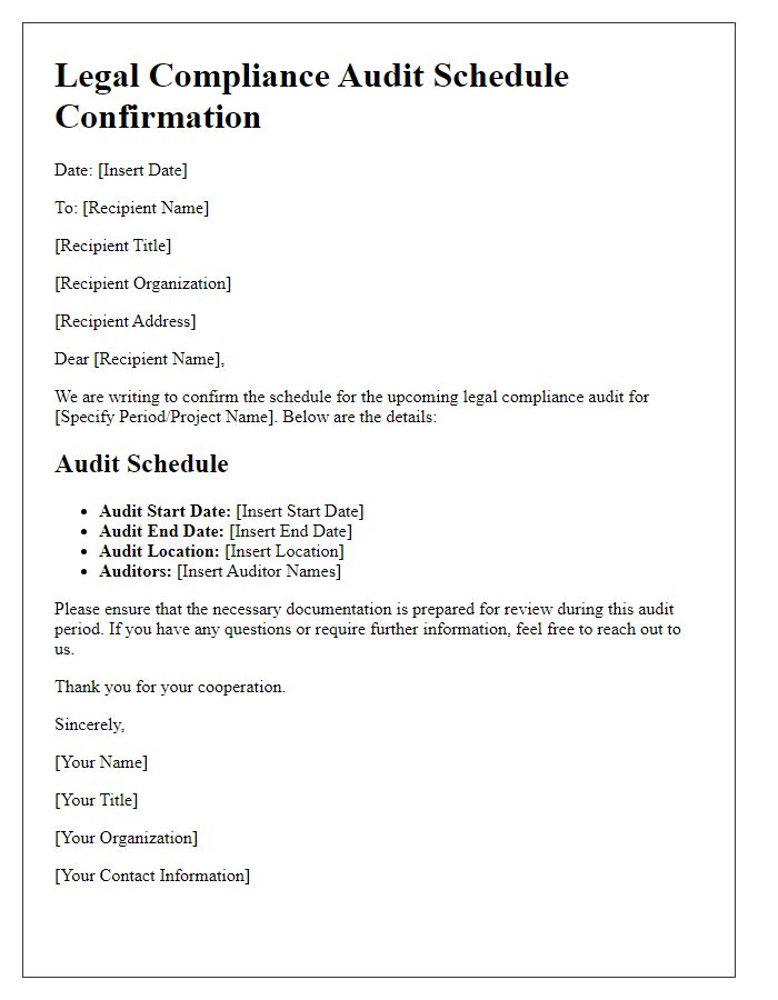 Letter template of legal compliance audit schedule confirmation