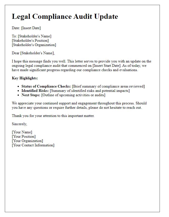 Letter template of legal compliance audit stakeholder update