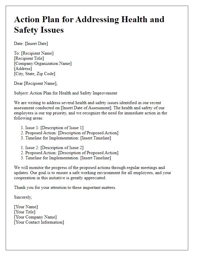 Letter template of action plan for addressing health and safety issues