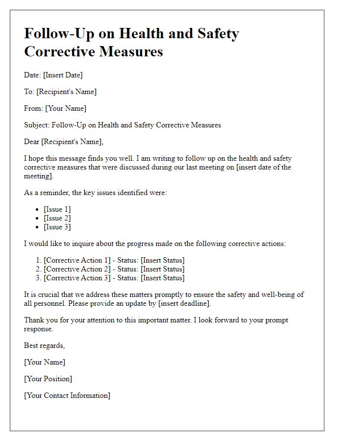 Letter template of follow-up on health and safety corrective measures